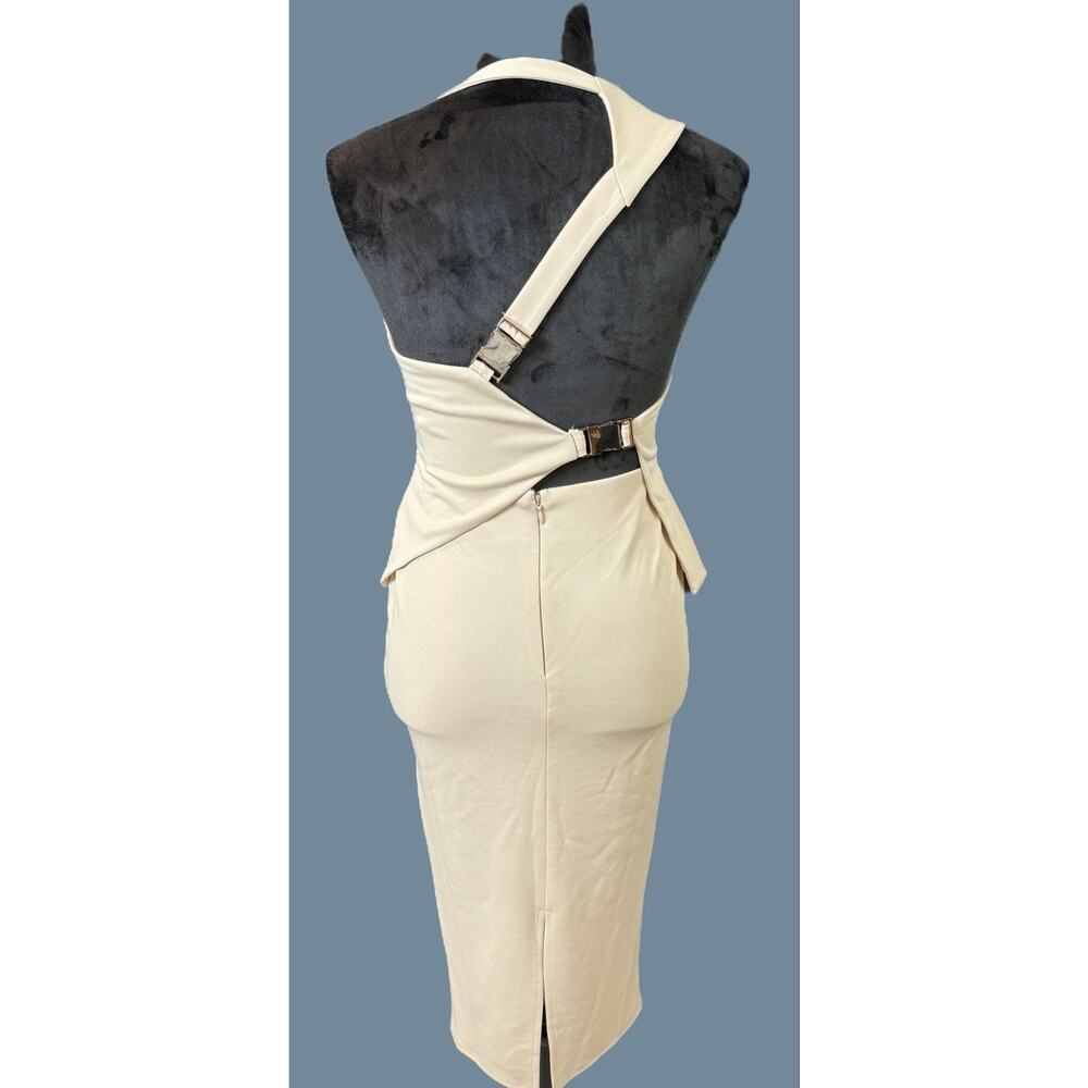 NWT ASOS Size US 4 Cream/Beige/Nude Buckle Strap Peplum Midi Dress - Picture 3 of 9